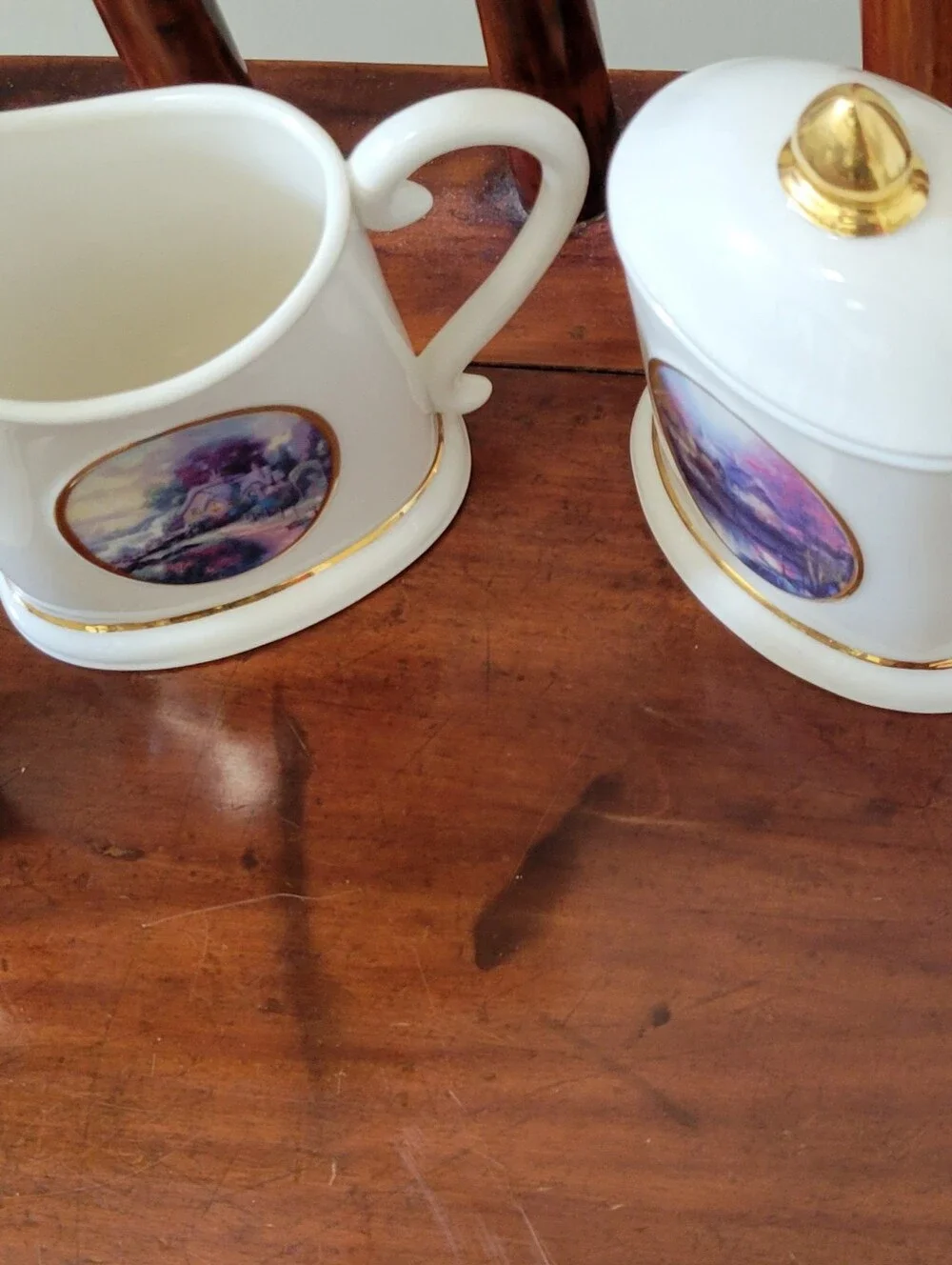 Thomas Kinkade Set of Creamer-Sugar w Lid-Salt and Pepper Shakers/2002 for Avon